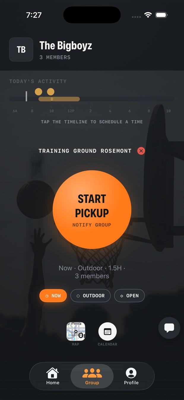 NetSpect on iPhone: the Call a Run screen, with a Start Pickup button, a timeline of today's activity, and the selected court